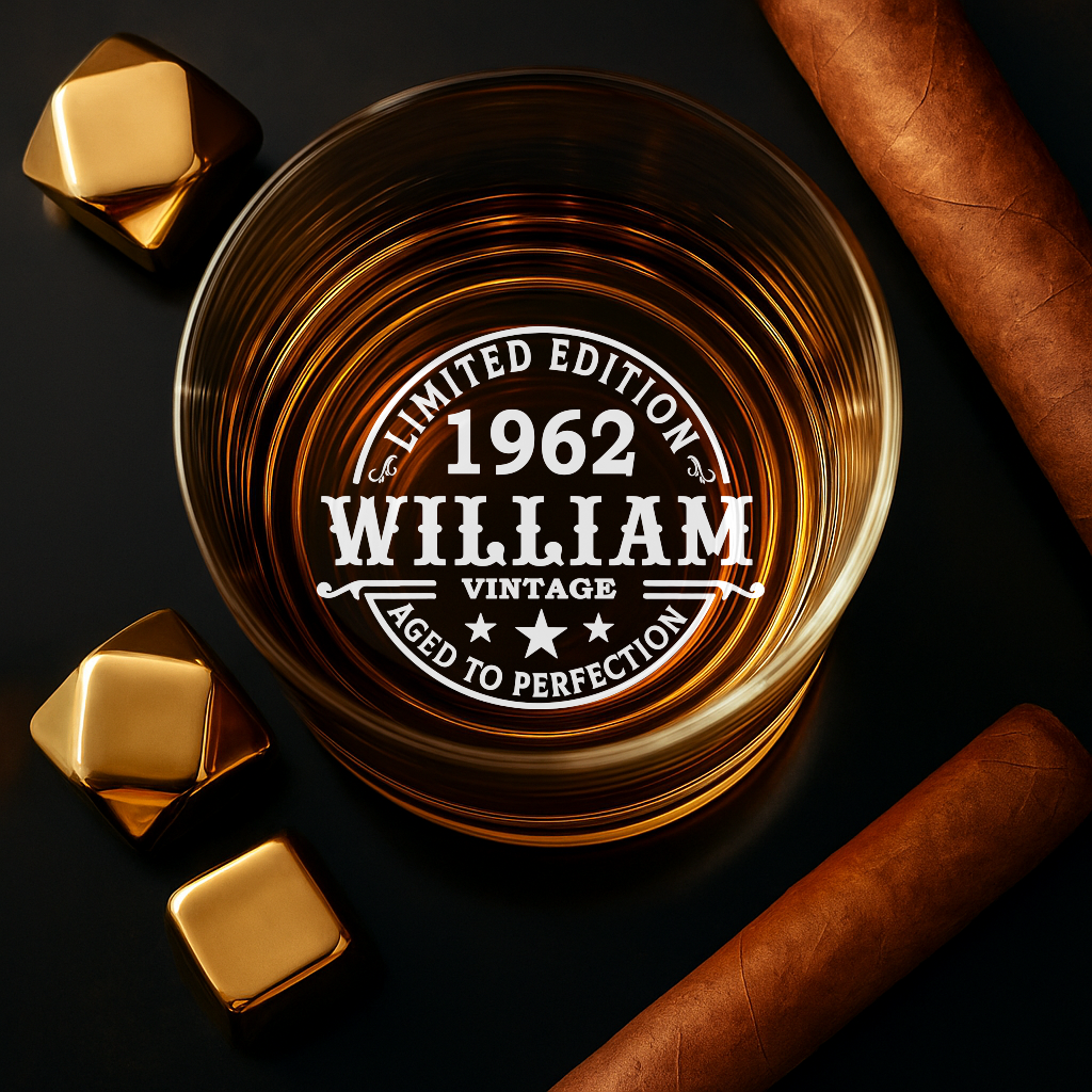 Personalized 11oz Whiskey Glass 1962 – Custom Name & Year Vintage Edition - CozyWix™ Engraved Crystal Barware