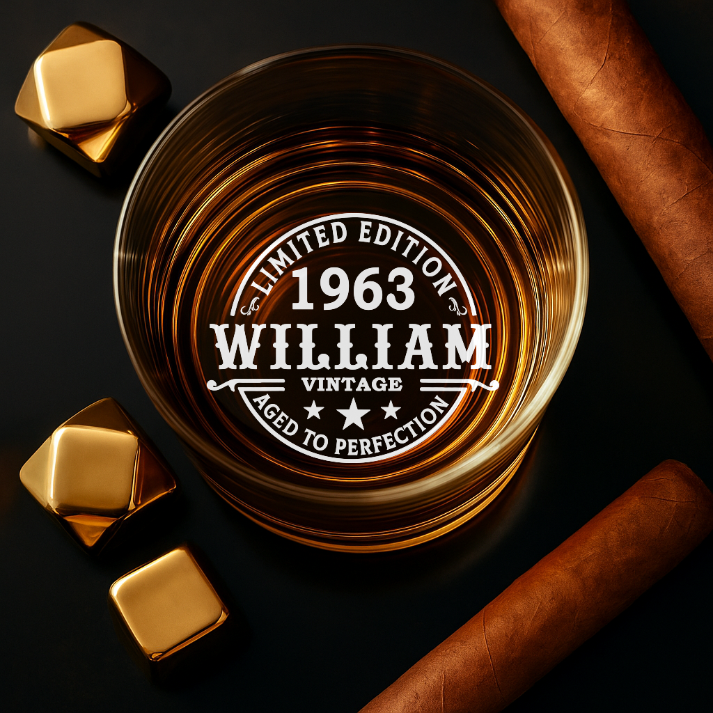 Personalized 11oz Whiskey Glass 1963 – Custom Name & Year Vintage Edition - CozyWix™ Engraved Crystal Barware