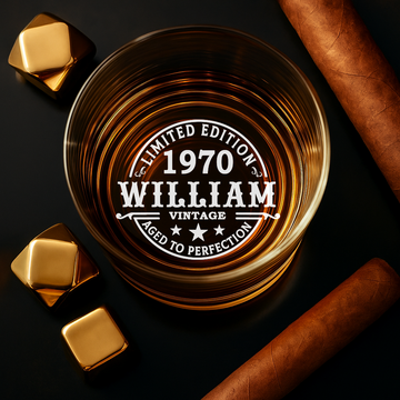Personalized 11oz Whiskey Glass 1970 – Custom Name & Year Vintage Edition - CozyWix™ Engraved Crystal Barware