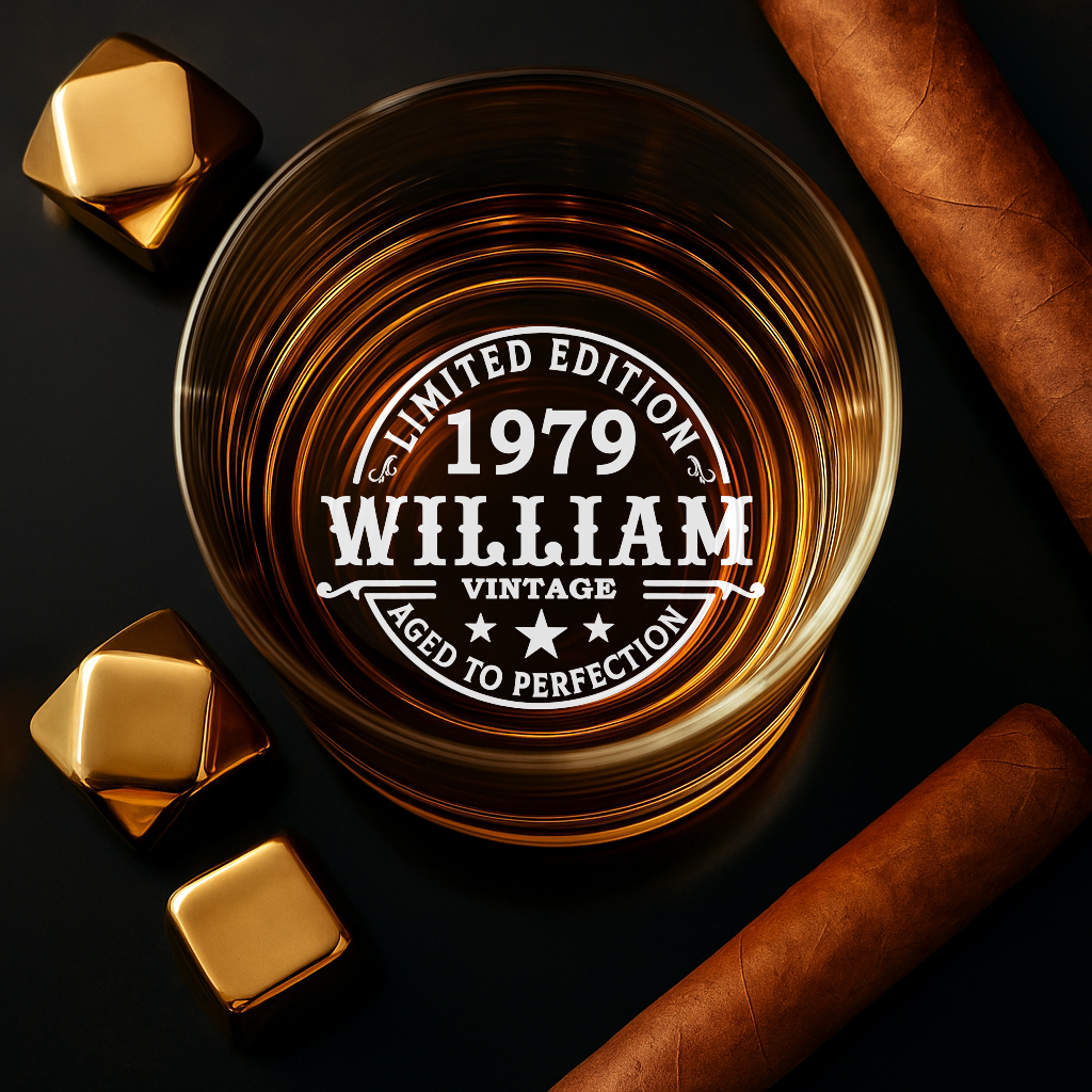 Personalized 11oz Whiskey Glass 1979 – Custom Name & Year Vintage Edition - CozyWix™ Engraved Crystal Barware