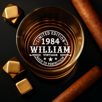 Personalized 11oz Whiskey Glass 1984 – Custom Name & Year Vintage Edition - CozyWix™ Engraved Crystal Barware