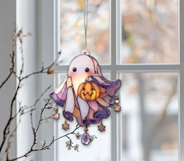 Adorable Ghost With Pumpkin Halloween Ghost Faux Stained Glass - Personalized Suncatcher Ornament