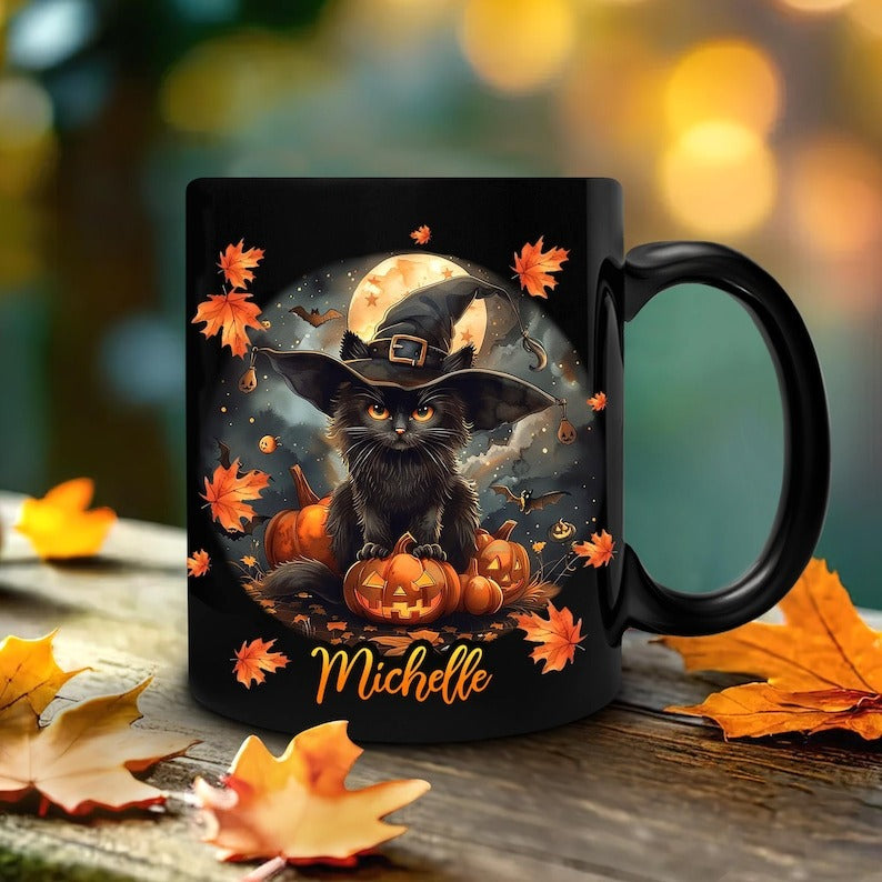 Personalized Mug – Personalized Black Cat Halloween Mug: Spooky Autumn Gift - CozyWix