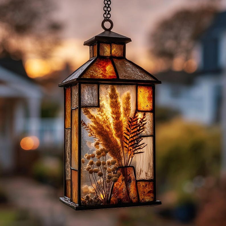 Autumn Wildgrass Lantern Stained Glass - Personalized Suncatcher Ornament