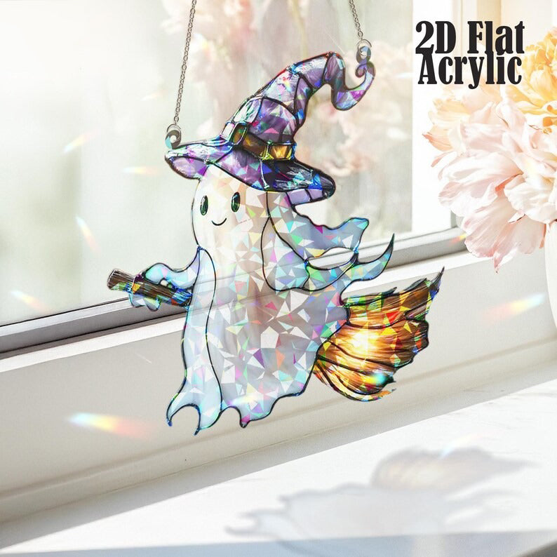 Witch Ghost Holographic Ghost Stained Glass - Personalized Suncatcher Ornament