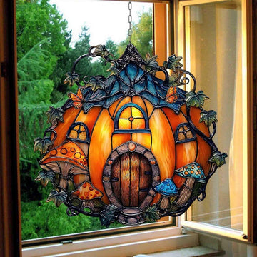 Halloween Pumpkin Cottage Stained Glass - Personalized Suncatcher Ornament