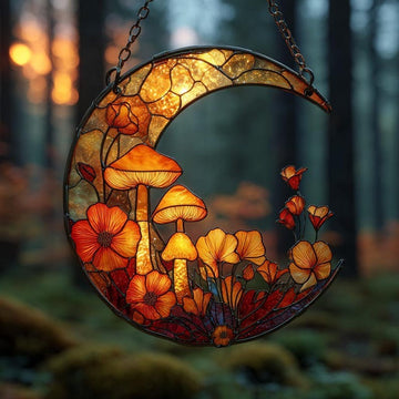 Mushroom & Flowers Crescent Moon Faux Stained Glass - Personalized Suncatcher Ornament
