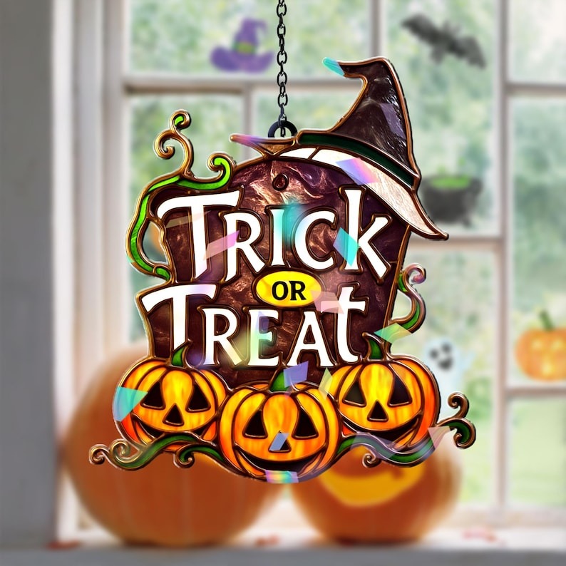 Trick Or Treat Pumpkin Lantern Halloween Stained Glass - Personalized Suncatcher Ornament