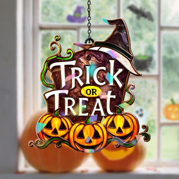 Trick Or Treat Pumpkin Lantern Halloween Stained Glass - Personalized Suncatcher Ornament