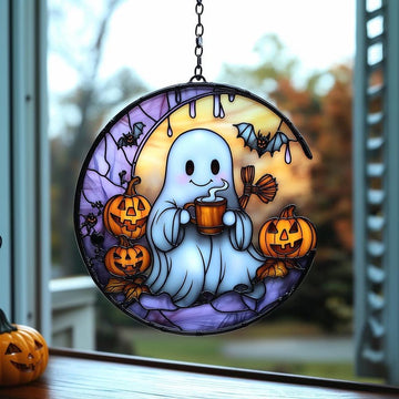 Cute Ghost Halloween Faux Stained Glass - Personalized Suncatcher Ornament
