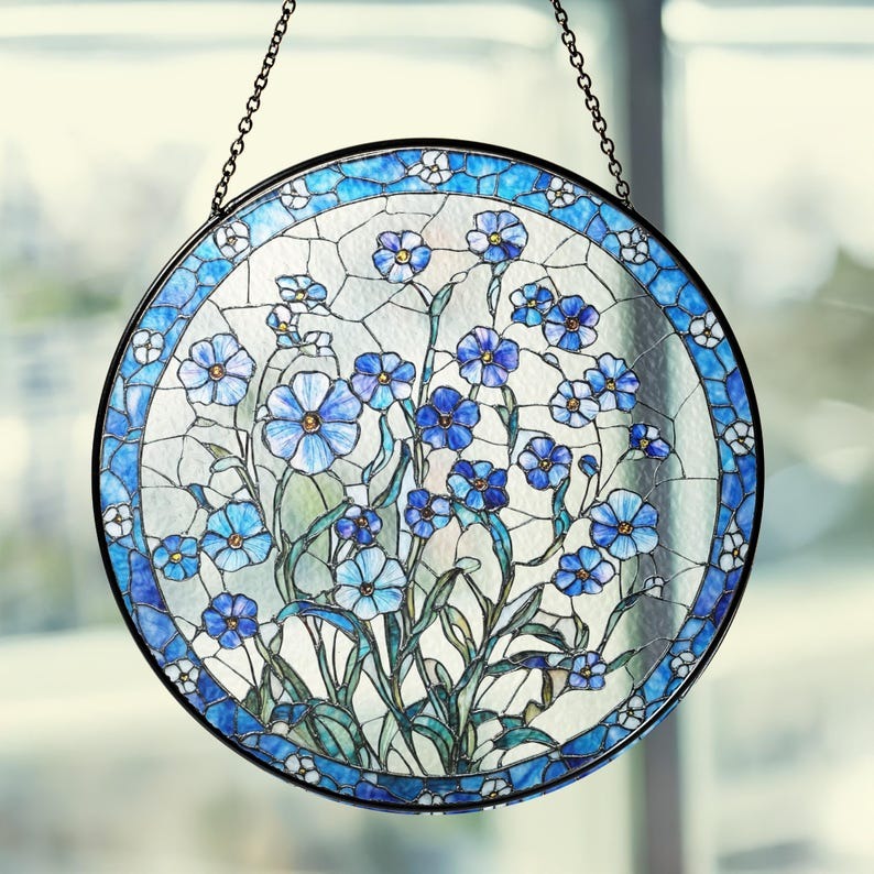 Forget Me Not, Blue Flowers Stained Glass - Personalized Suncatcher Ornament