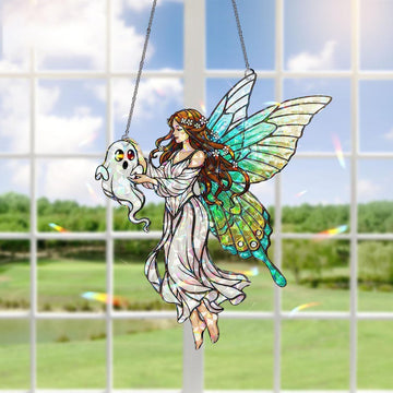Fairy Holding Ghost Hologram Stained Glass - Personalized Suncatcher Ornament