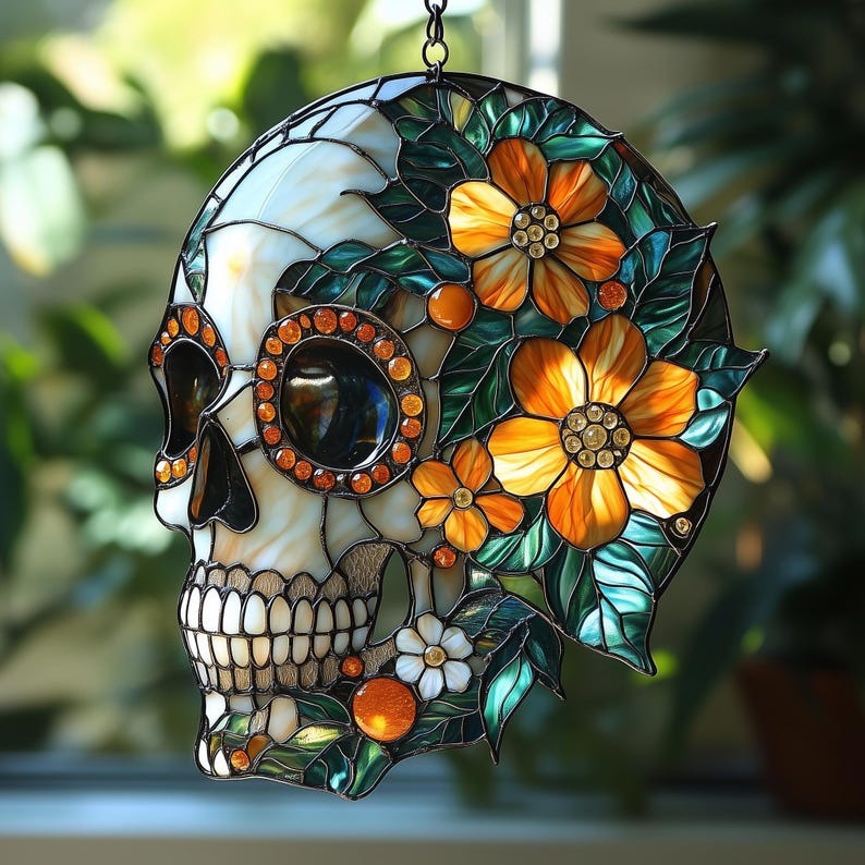 Floral Sugar Skull Stained Glass - Personalized Suncatcher Ornament