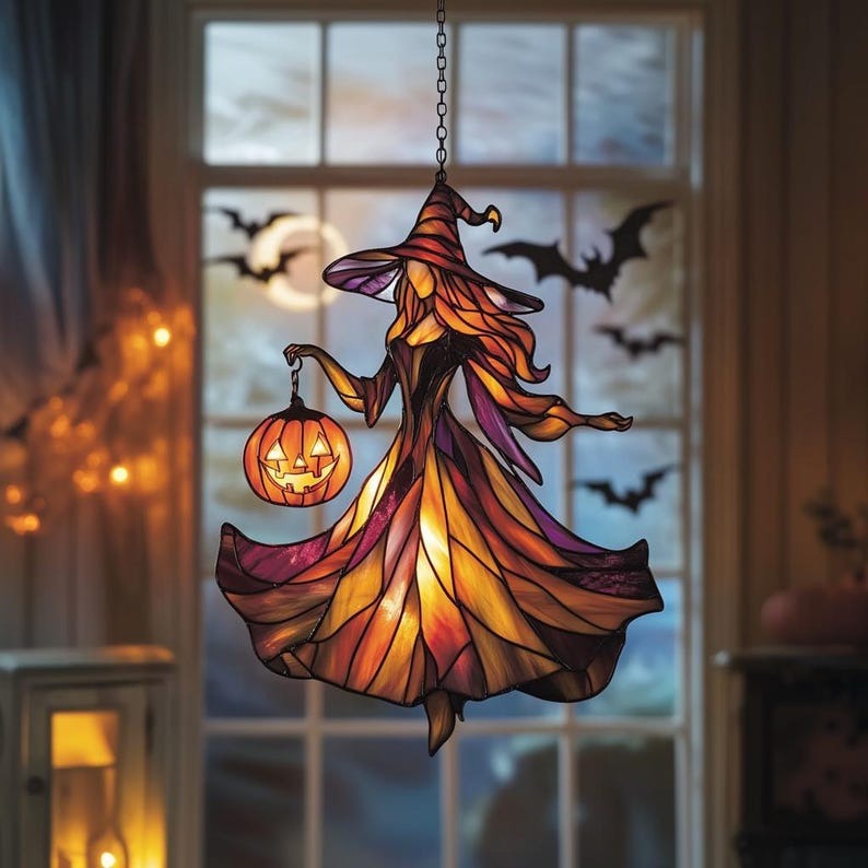 Witch Holding Pumpkin Stained Glass - Personalized Suncatcher Ornament