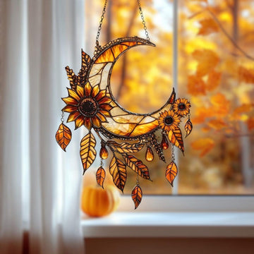 Sunflower Crescent Moon Stained Glass - Personalized Suncatcher Ornament