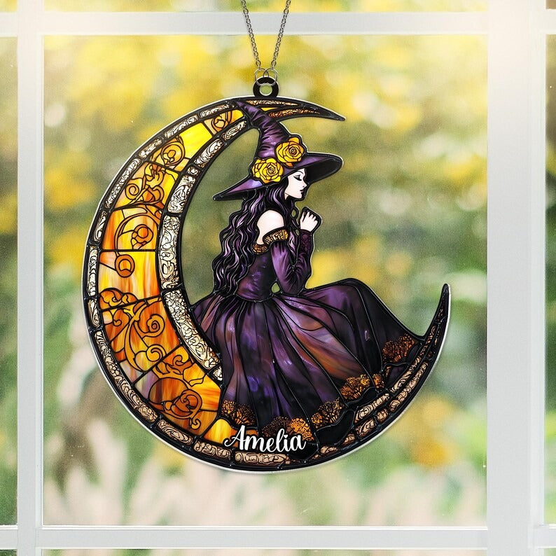 Witch Halloween Stained Glass - Personalized Suncatcher Ornament