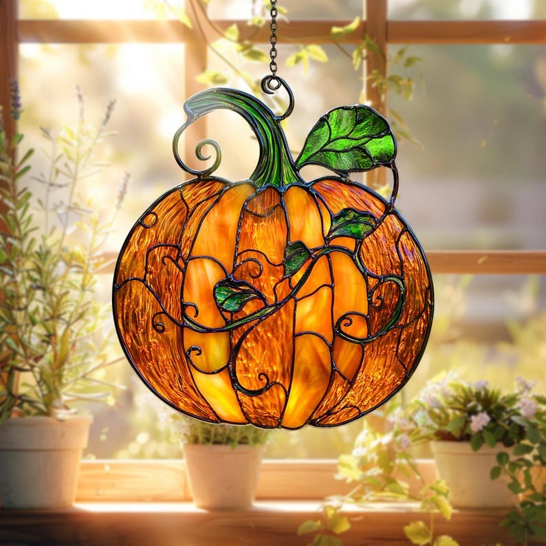 Pumpkin Halloween Harvest Stained Glass - Personalized Suncatcher Ornament