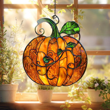 Pumpkin Halloween Harvest Stained Glass - Personalized Suncatcher Ornament