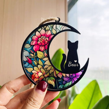 Cat Memorial Floral Stained Glass - Personalized Suncatcher Ornament