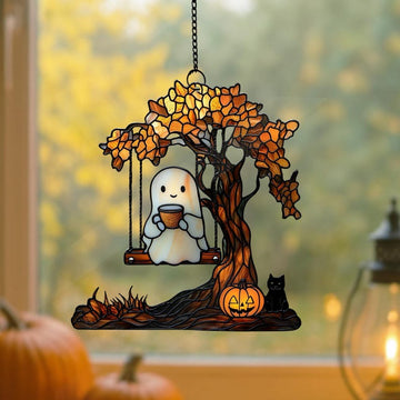 Chilling Ghost On Swing Stained Glass - Personalized Suncatcher Ornament