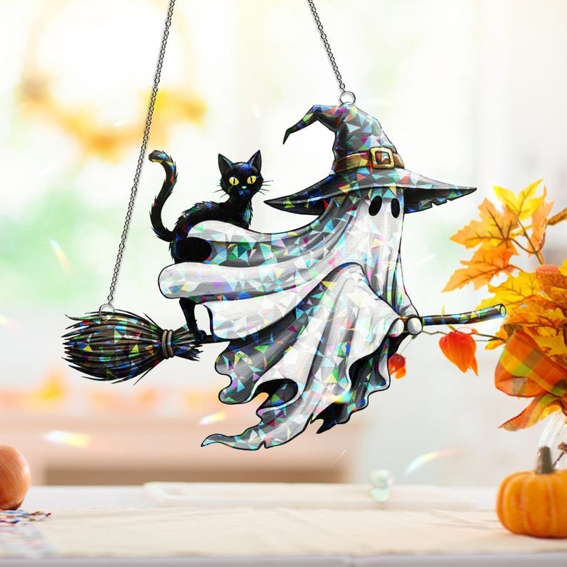 Ghost And Black Cat Hologram Halloween Stained Glass - Personalized Suncatcher Ornament