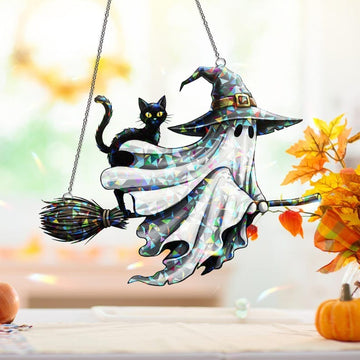 Ghost And Black Cat Hologram Halloween Stained Glass - Personalized Suncatcher Ornament