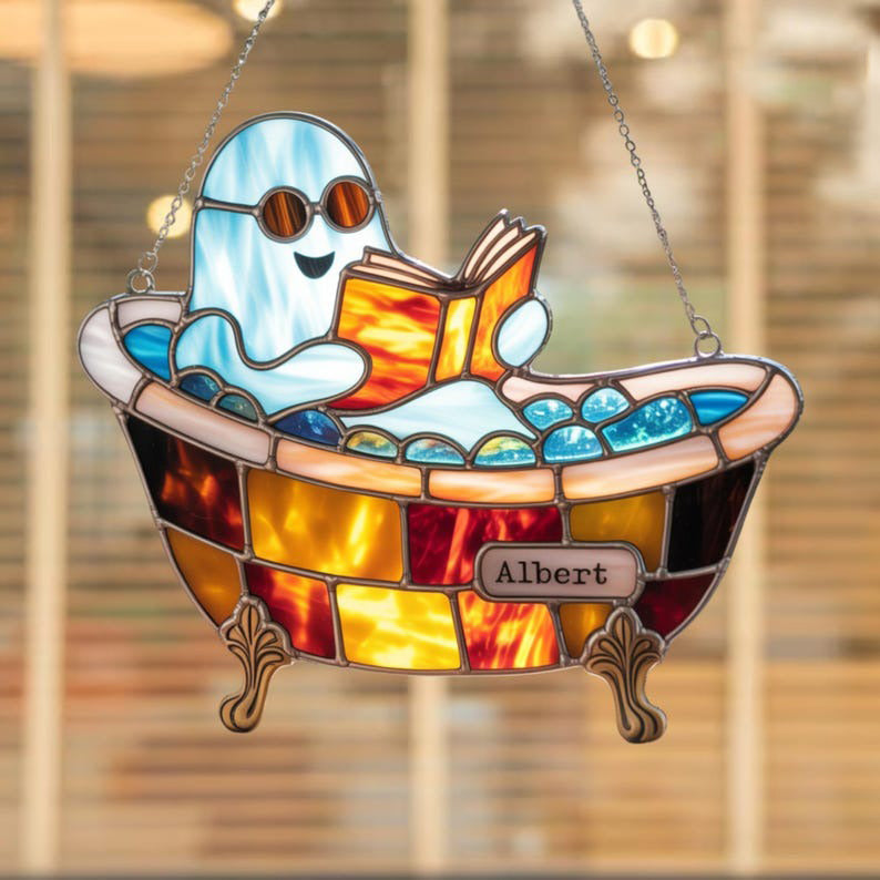 Cute Ghost Reading Book Bathroom Stained Glass - Personalized Suncatcher Ornament