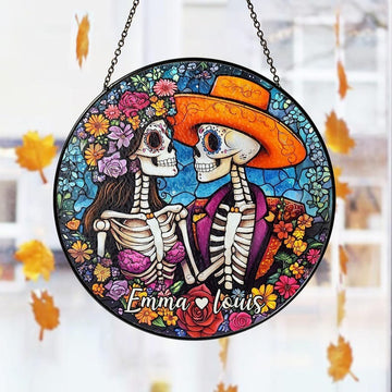 Floral Skeleton Couple Stained Glass - Personalized Suncatcher Ornament