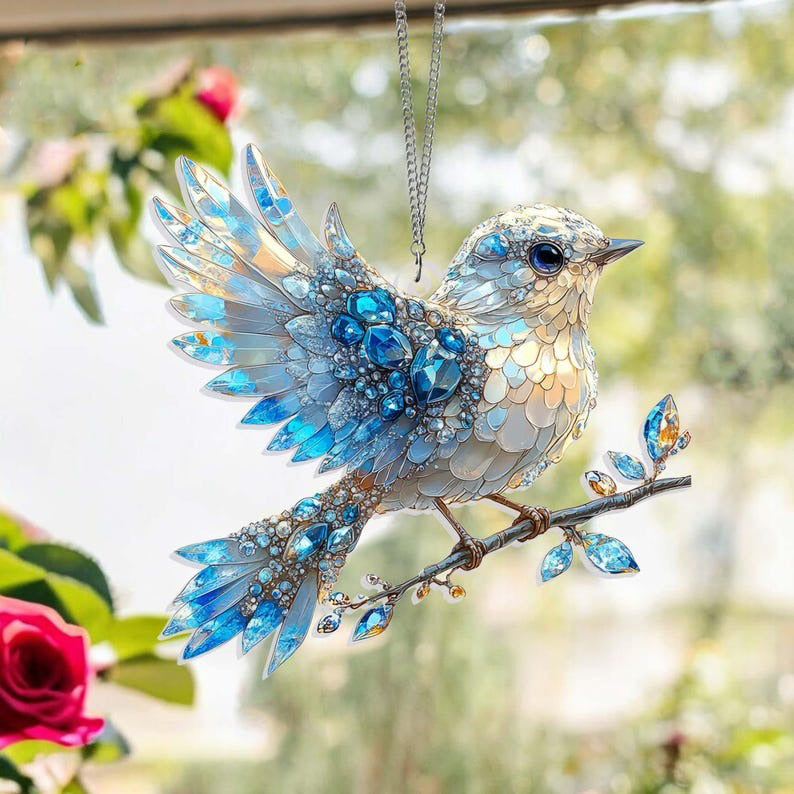 Blue Bird Stained Glass - Personalized Suncatcher Ornament