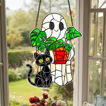 Cute Ghost Monstera Stained Glass - Personalized Suncatcher Ornament