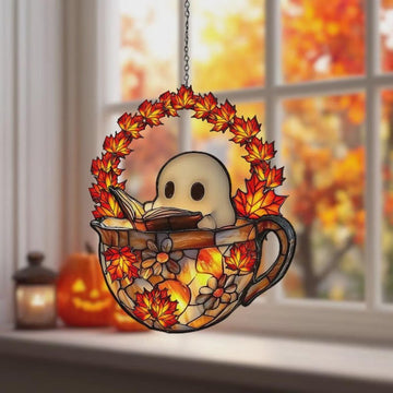 Ghost In Teacup Faux Stained Glass - Personalized Suncatcher Ornament