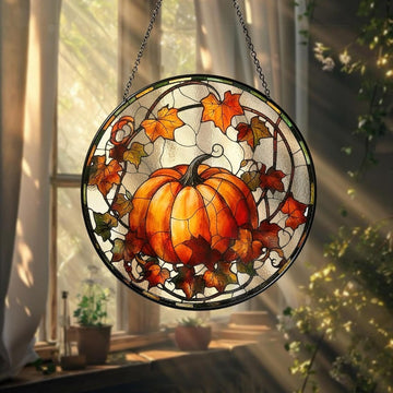 Pumpkin Fall Harvest Stained Glass - Personalized Suncatcher Ornament