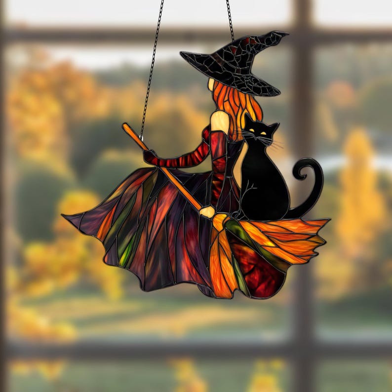 Witch And Black Cat Stained Glass - Personalized Suncatcher Ornament