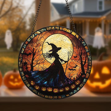 Halloween Witch With Moon Mysterious Stained Glass - Personalized Suncatcher Ornament