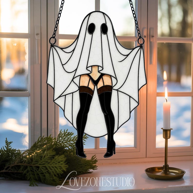 Funny Halloween Sheet Ghost Stained Glass - Personalized Suncatcher Ornament