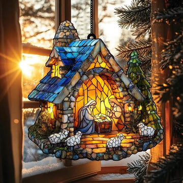 Nativity Scene Stained Glass - Personalized Suncatcher Ornament
