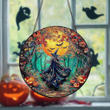 Halloween Witch With Moon Stained Glass - Personalized Suncatcher Ornament