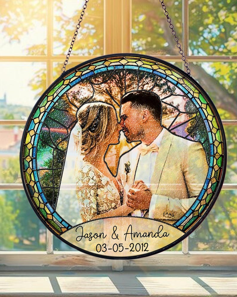Wedding Anniversary Happy Family Custom Photo Stained Glass - Personalized Suncatcher Ornament
