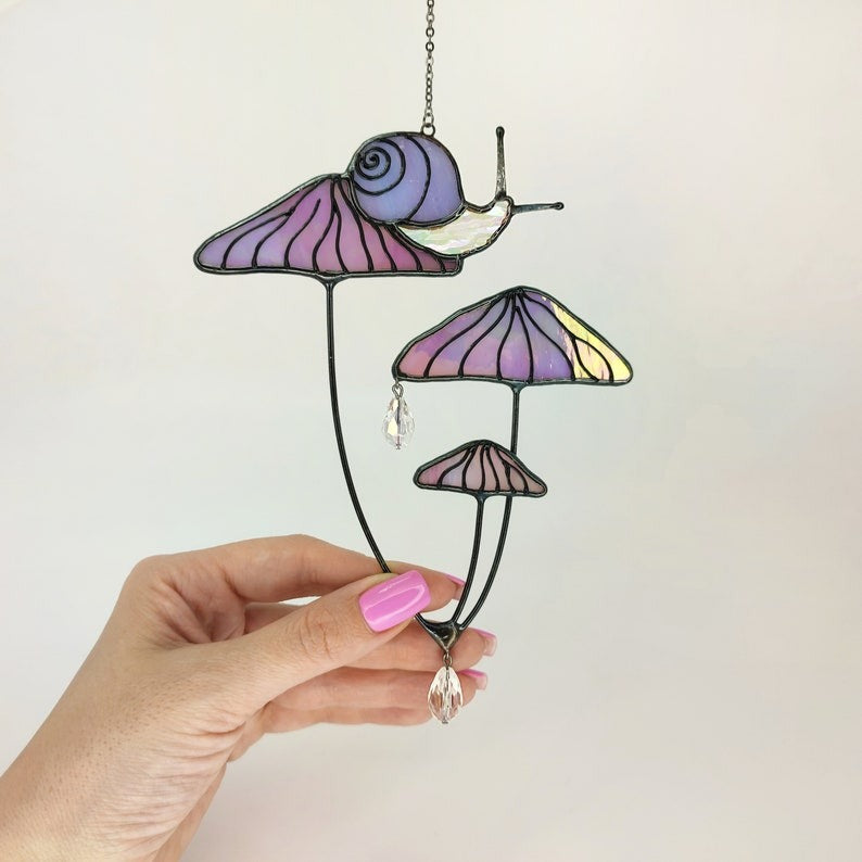Mushrooms With Snail Stained Glass - Personalized Suncatcher Ornament