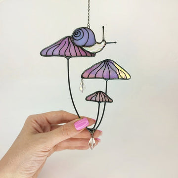 Mushrooms With Snail Stained Glass - Personalized Suncatcher Ornament