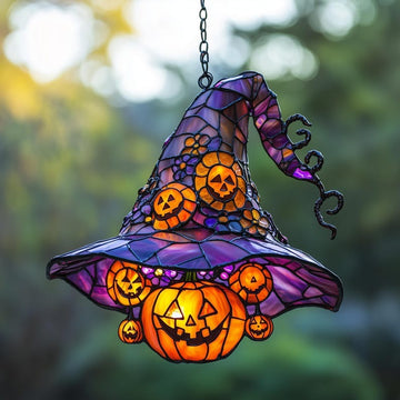 Jack O’lantern Witch Hat Stained Glass - Personalized Suncatcher Ornament