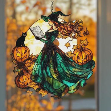 Witch Reading Book Halloween Stained Glass - Personalized Suncatcher Ornament