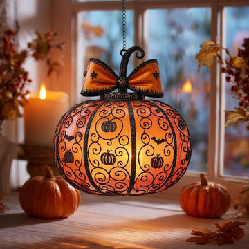 Pumpkin Halloween With Swirls, Bat & Bow Stained Glass - Personalized Suncatcher Ornament