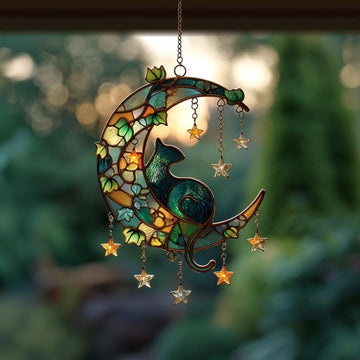 Cat On Crescent Moon Stained Glass - Personalized Suncatcher Ornament