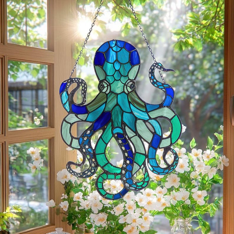 Blue Octopus Stained Glass - Personalized Suncatcher Ornament