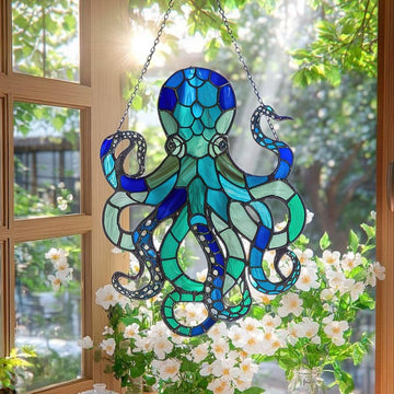 Blue Octopus Stained Glass - Personalized Suncatcher Ornament