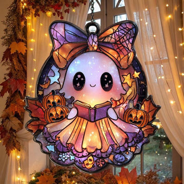 Halloween Ghost With Pumpkins Spooky Witchy Stained Glass - Personalized Suncatcher Ornament