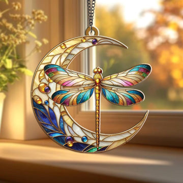 Dragonfly Moon Stained Glass - Personalized Suncatcher Ornament
