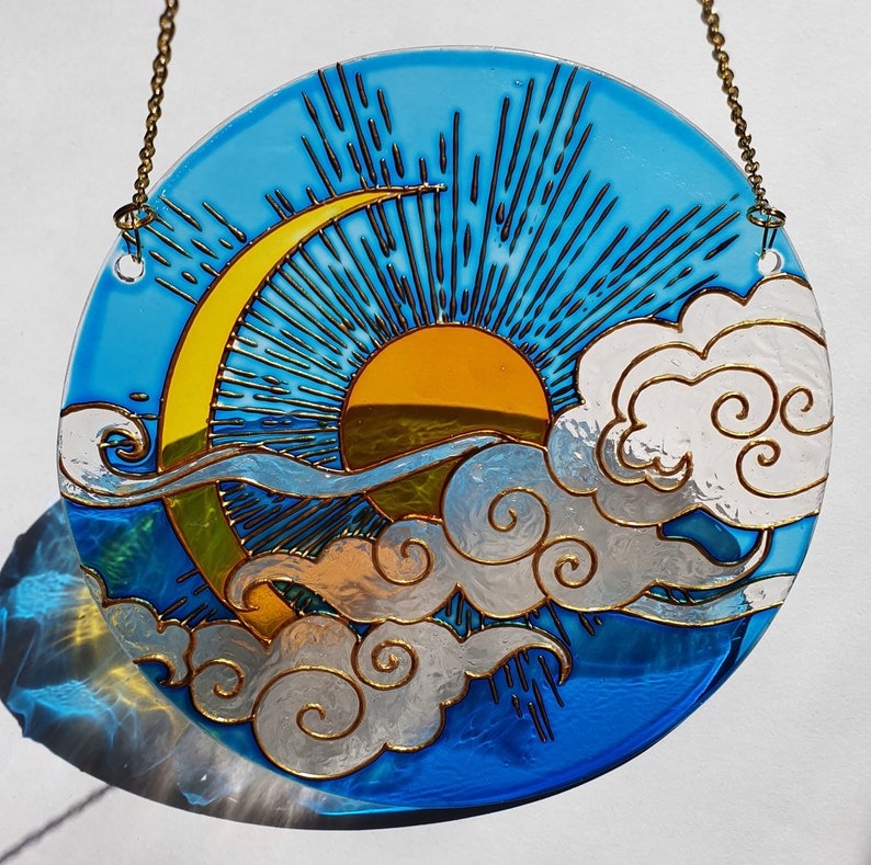 Sun Moon Cloud Stained Glass - Personalized Suncatcher Ornament