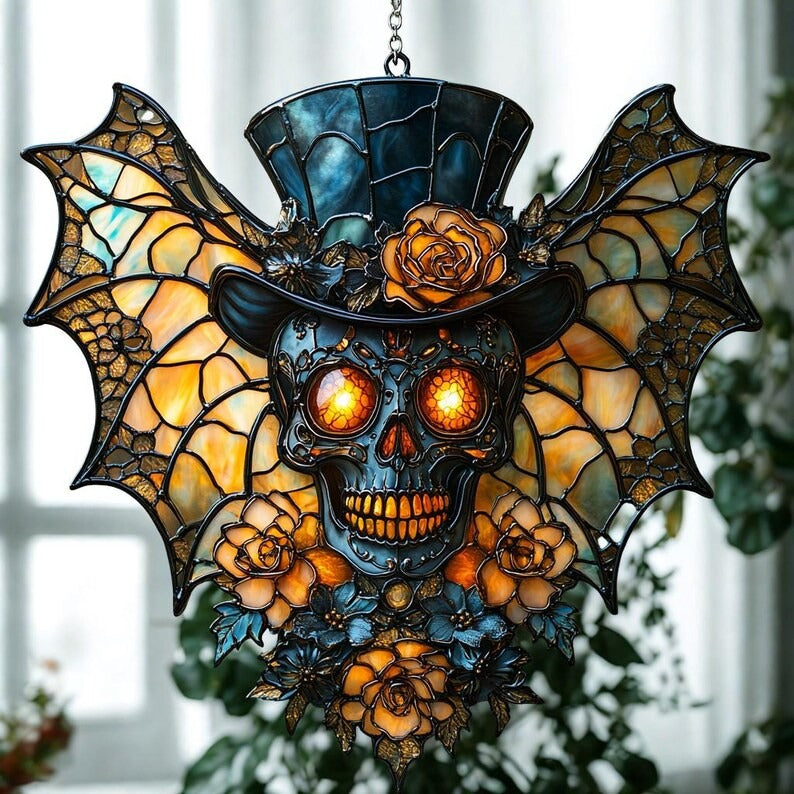 Gothic Skull Stained Glass - Personalized Suncatcher Ornament